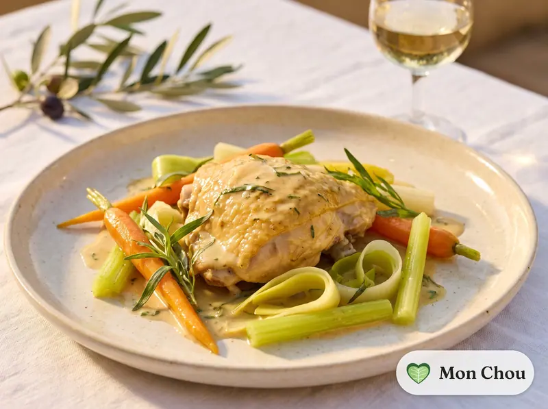 Poulet fermier poché à l’estragon et légumes croquants