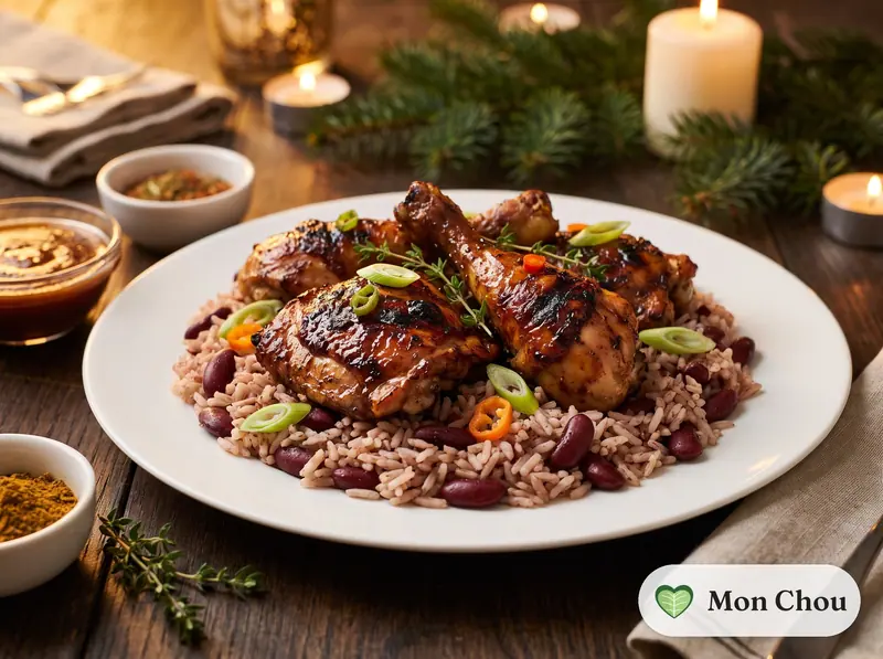 Poulet jerk et riz aux haricots rouges