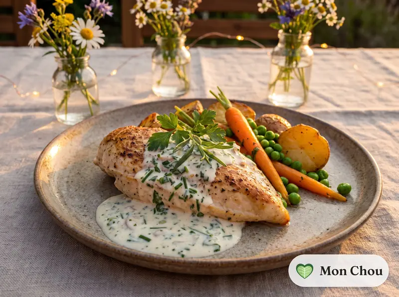 Suprême de poulet aux herbes fraîches et petits légumes