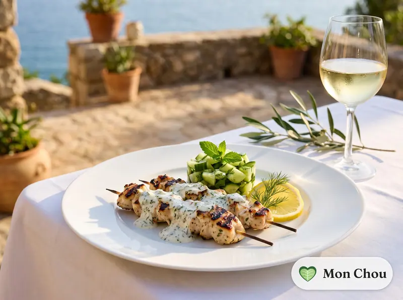 Brochettes de poulet au yaourt et salade fraîche
