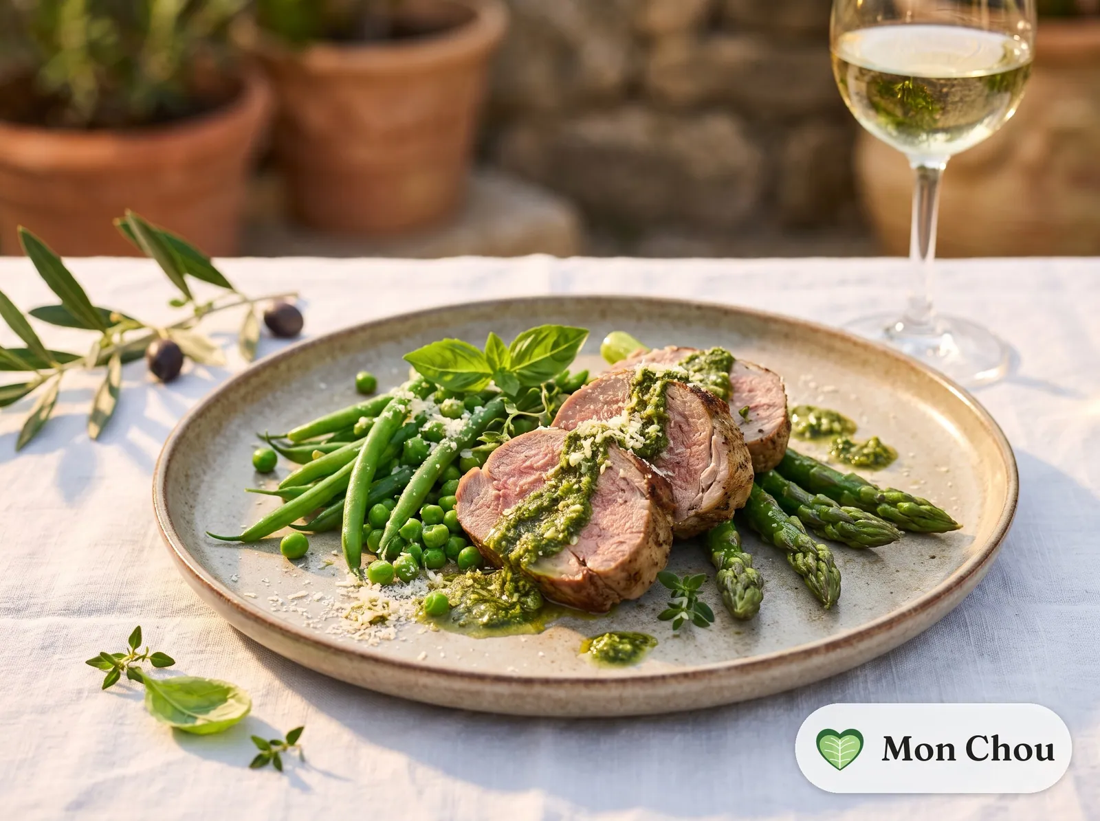 Filet d&rsquo;agneau rôti et petits légumes croquants au pesto