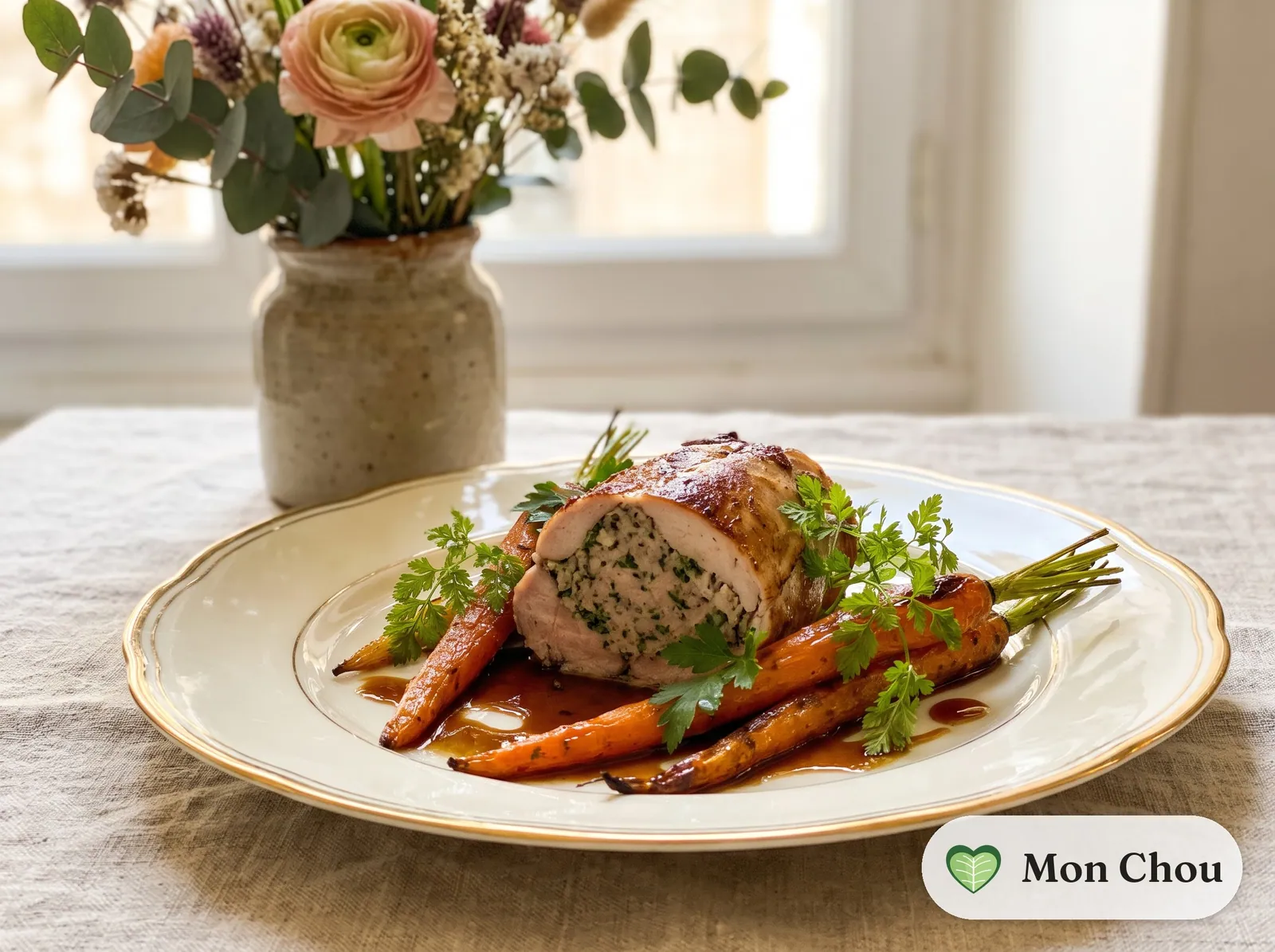 Lapin farci aux herbes et carottes fanes