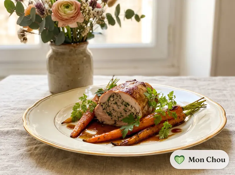 Lapin farci aux herbes et carottes fanes