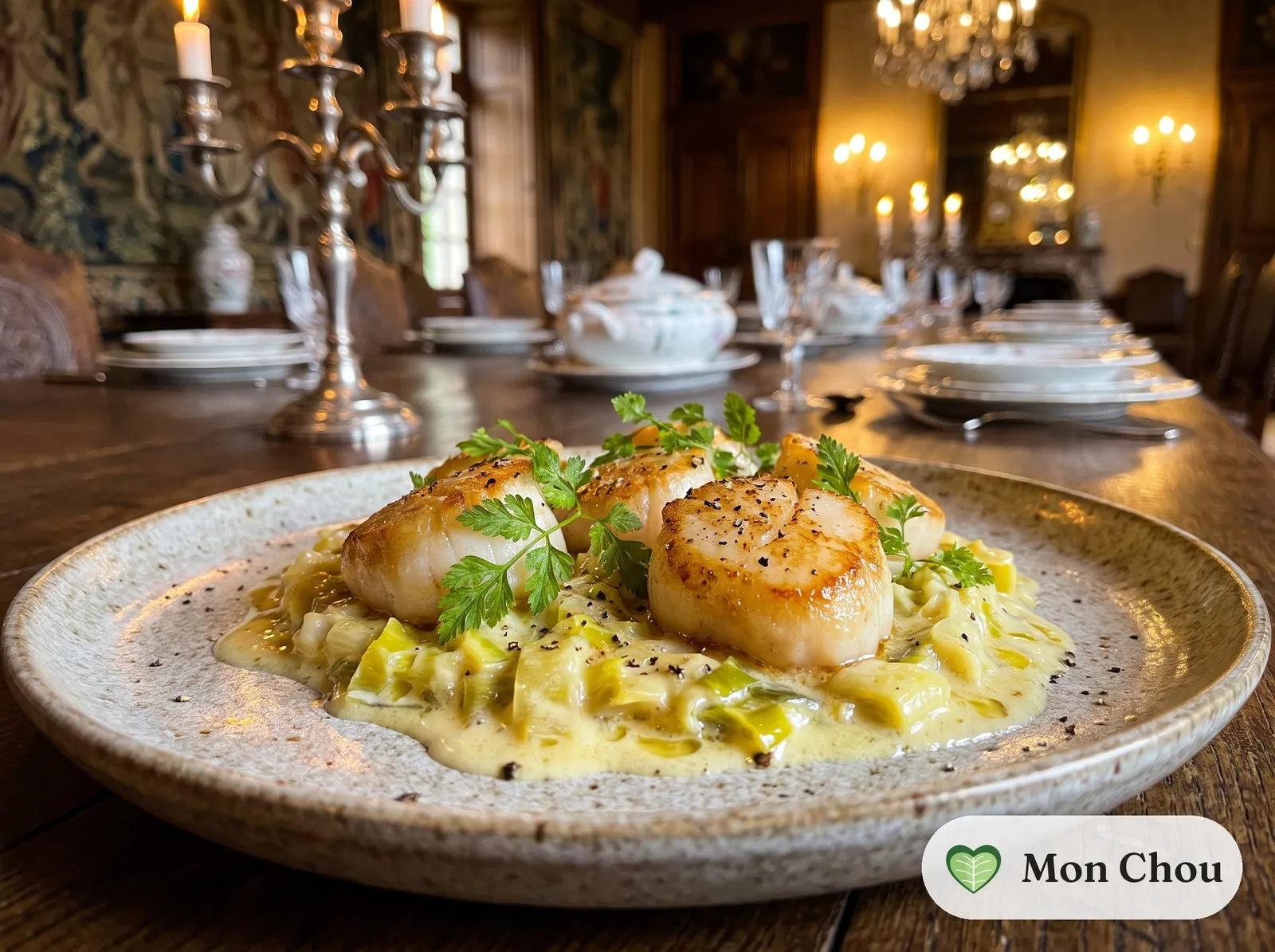 Creamy scallops with leek fondue