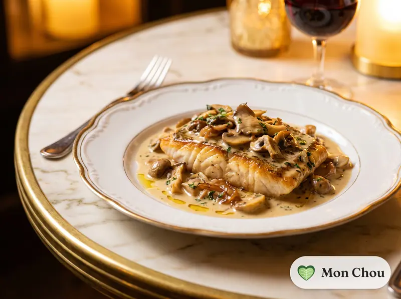 Barbue rôtie et poêlée de champignons