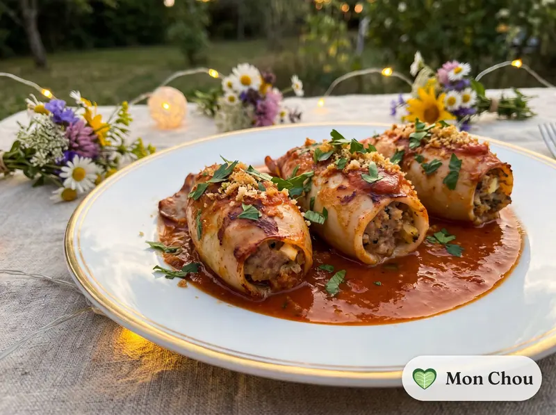 Stuffed squid Sète style with spiced tomato sauce