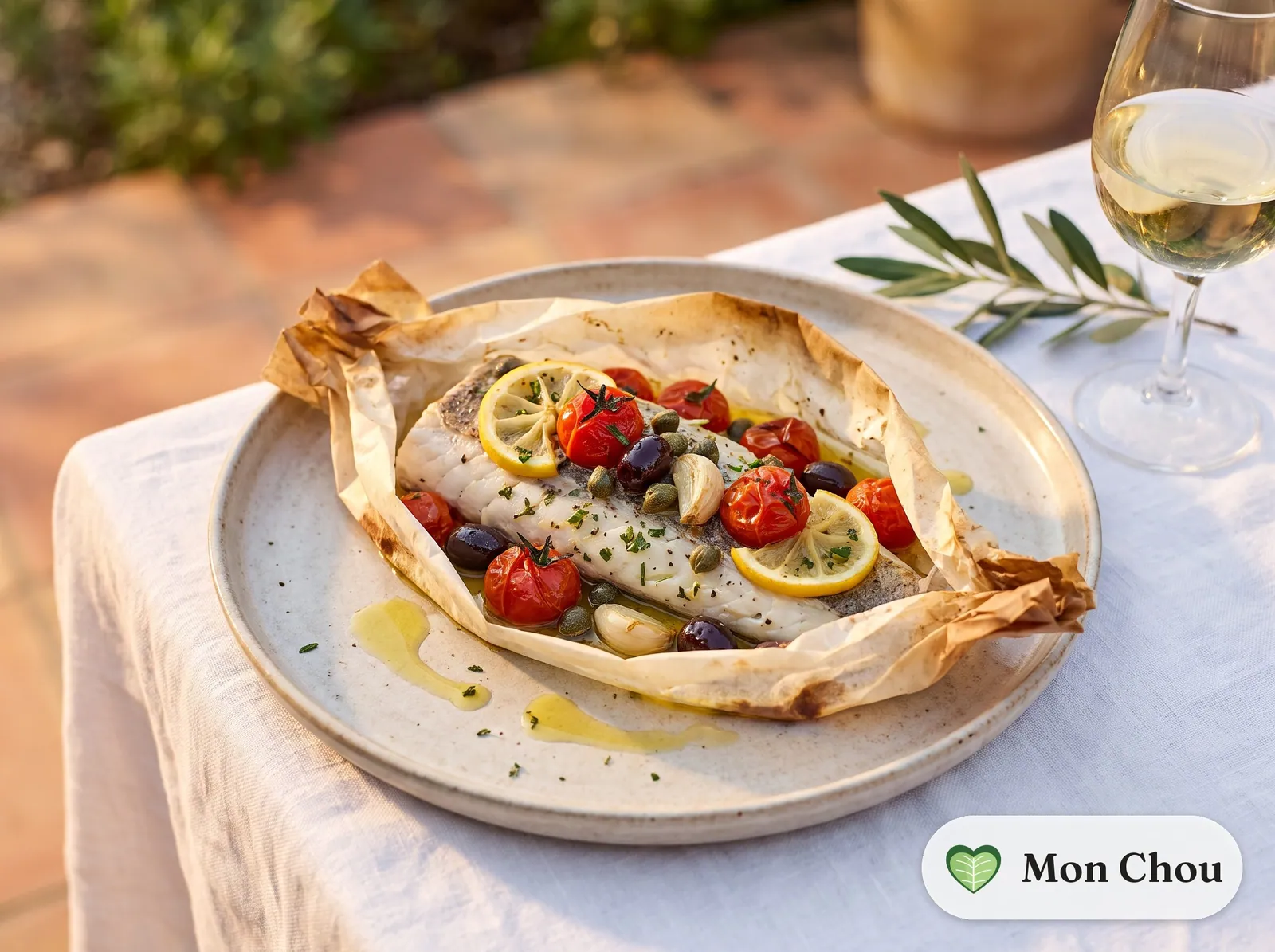 Hake en papillote with cherry tomatoes and olives