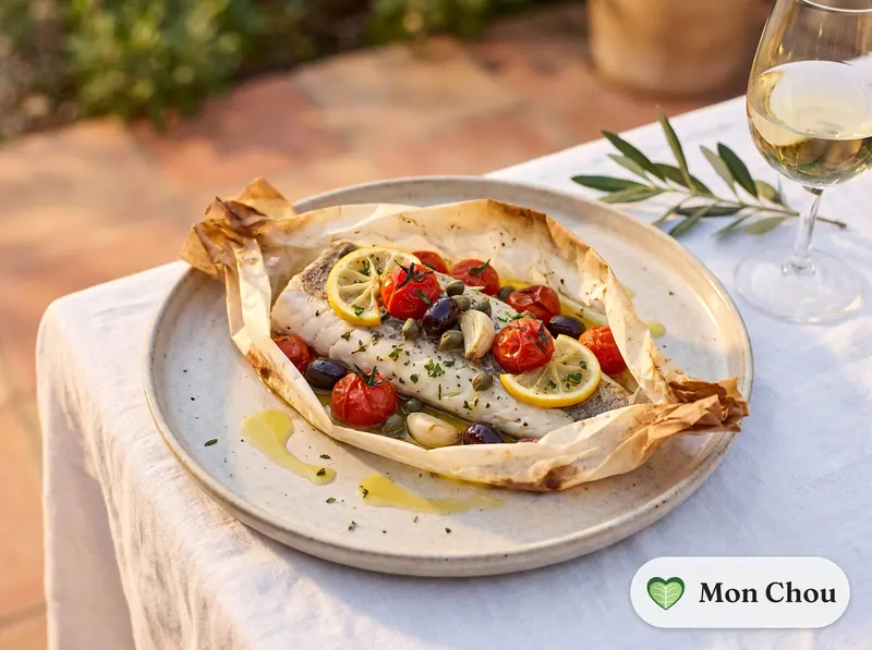 Merlu en papillote tomates et olives