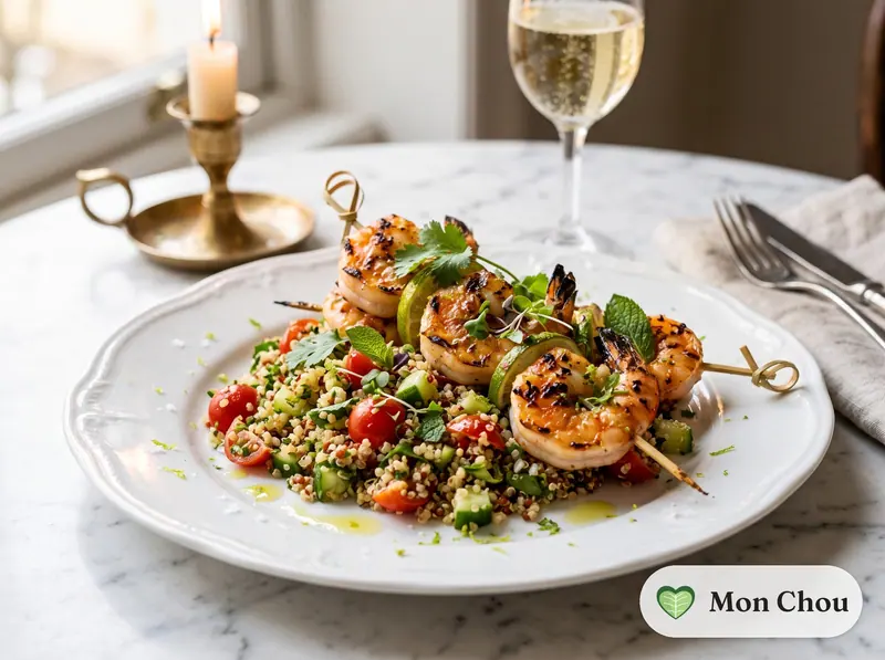 Brochettes de crevettes au citron vert et taboulé de quinoa