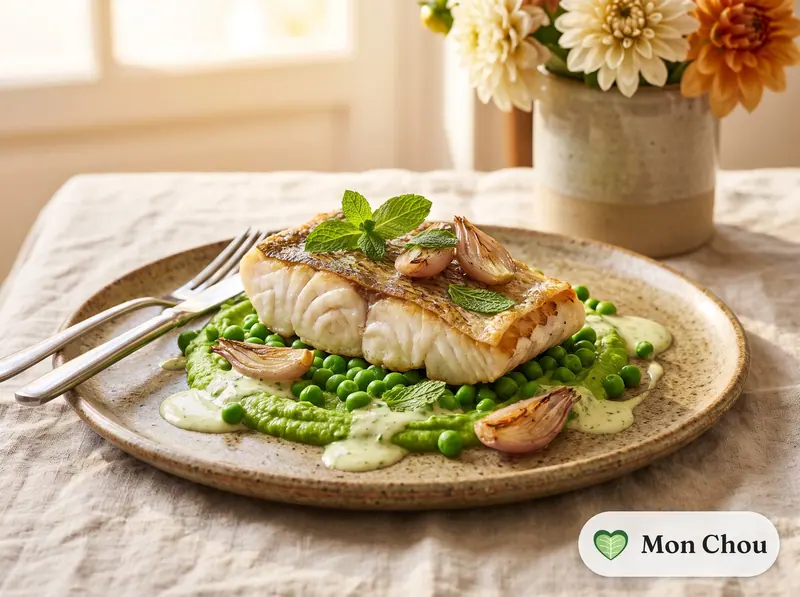 Pan seared cod with minty peas