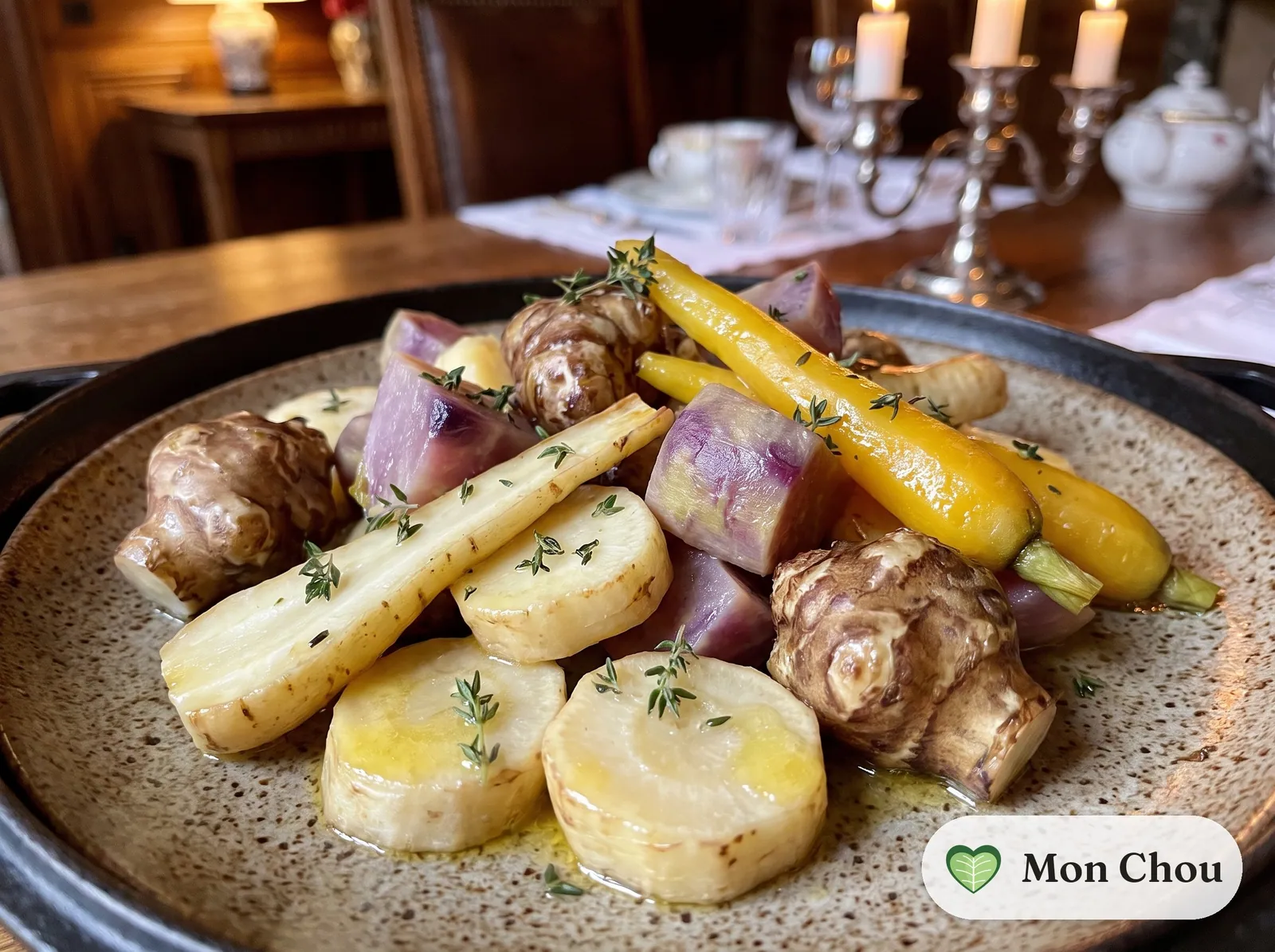 Root vegetable cocotte with panais, topinambour, rutabaga and yellow carrots
