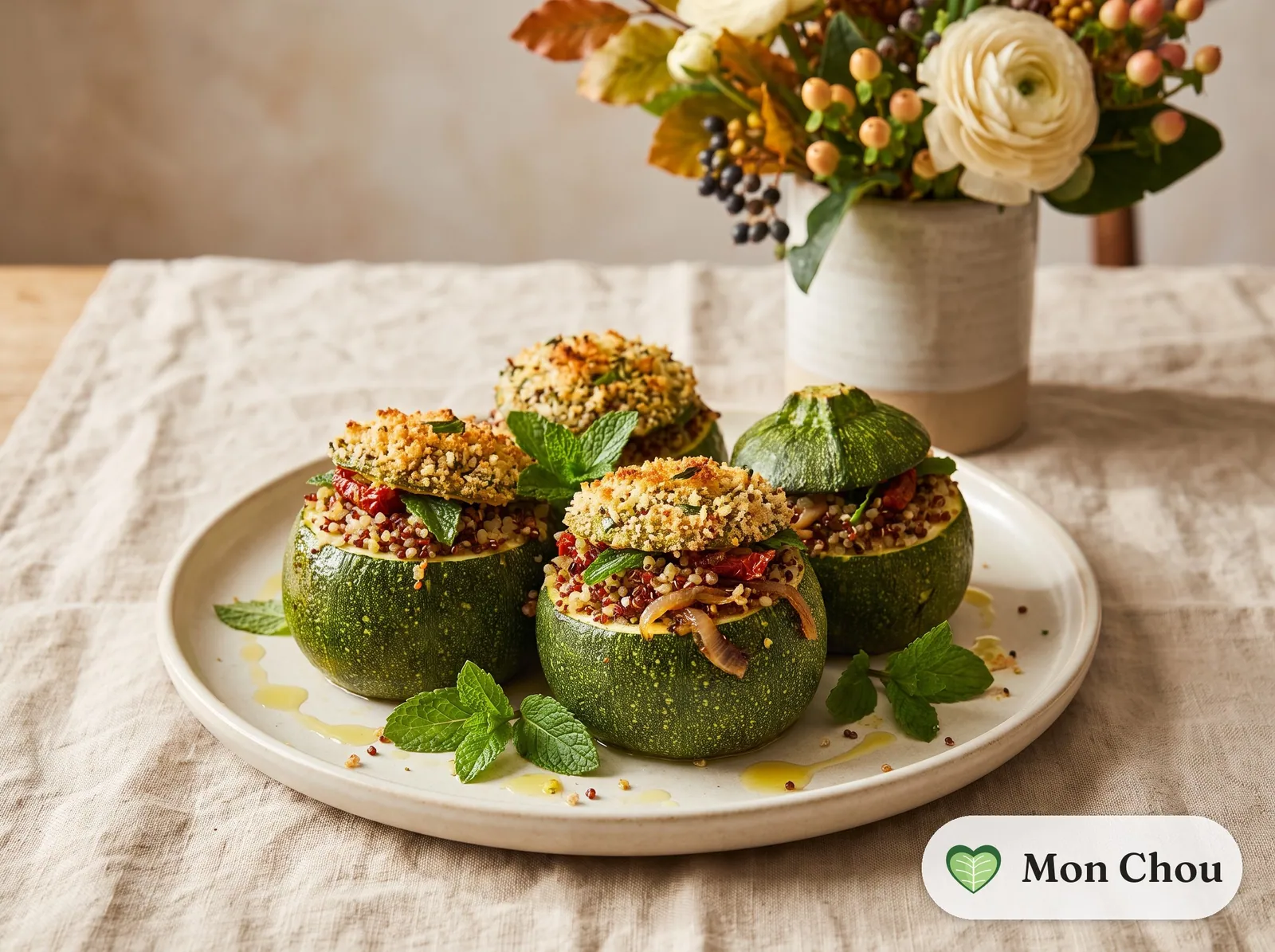 Quinoa and mint stuffed round zucchini