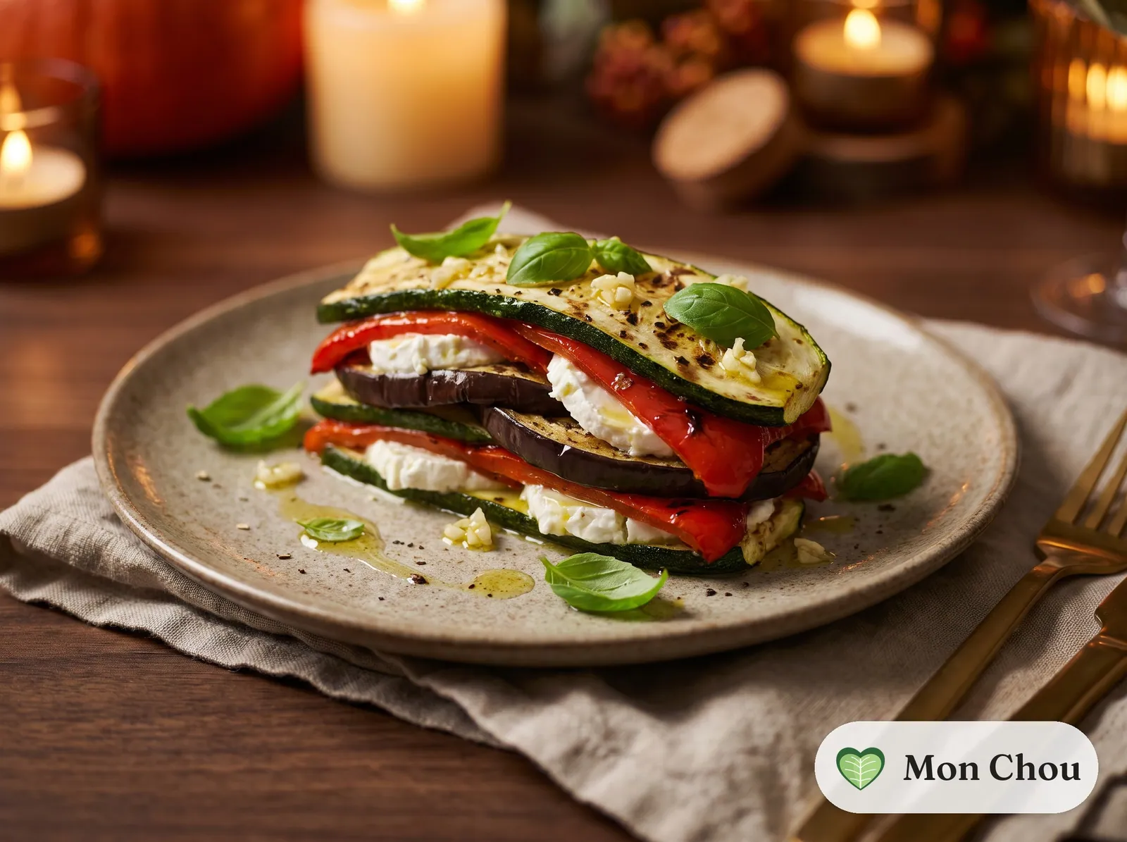 Mille-feuille de légumes rôtis et chèvre