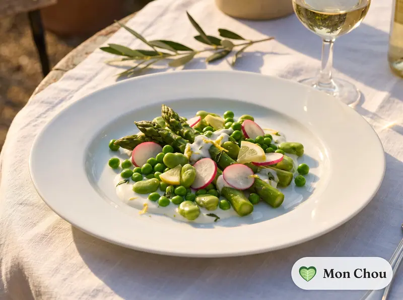 Légumes de printemps sauce yaourt citronnée
