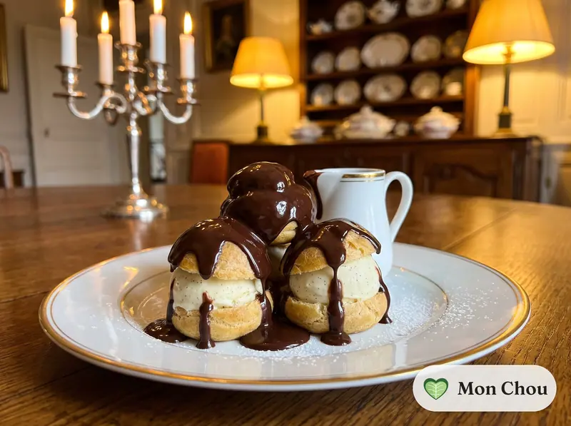 Profiteroles with hot chocolate sauce