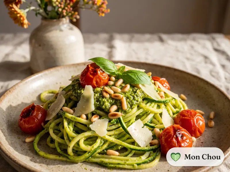Spaghettis de courgettes au pesto