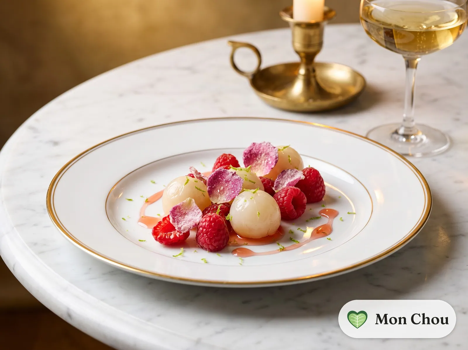 Litchis, framboises et sirop de rose