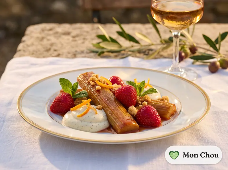 Rhubarbe rôtie et fraises